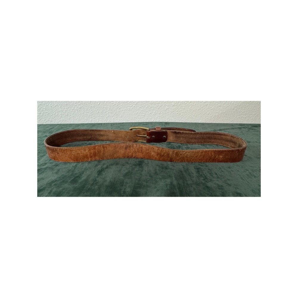 John Henry Belt Mens 40 Brown Vintage Distressed Leather Solid Brass Buckle - Picture 3 of 12